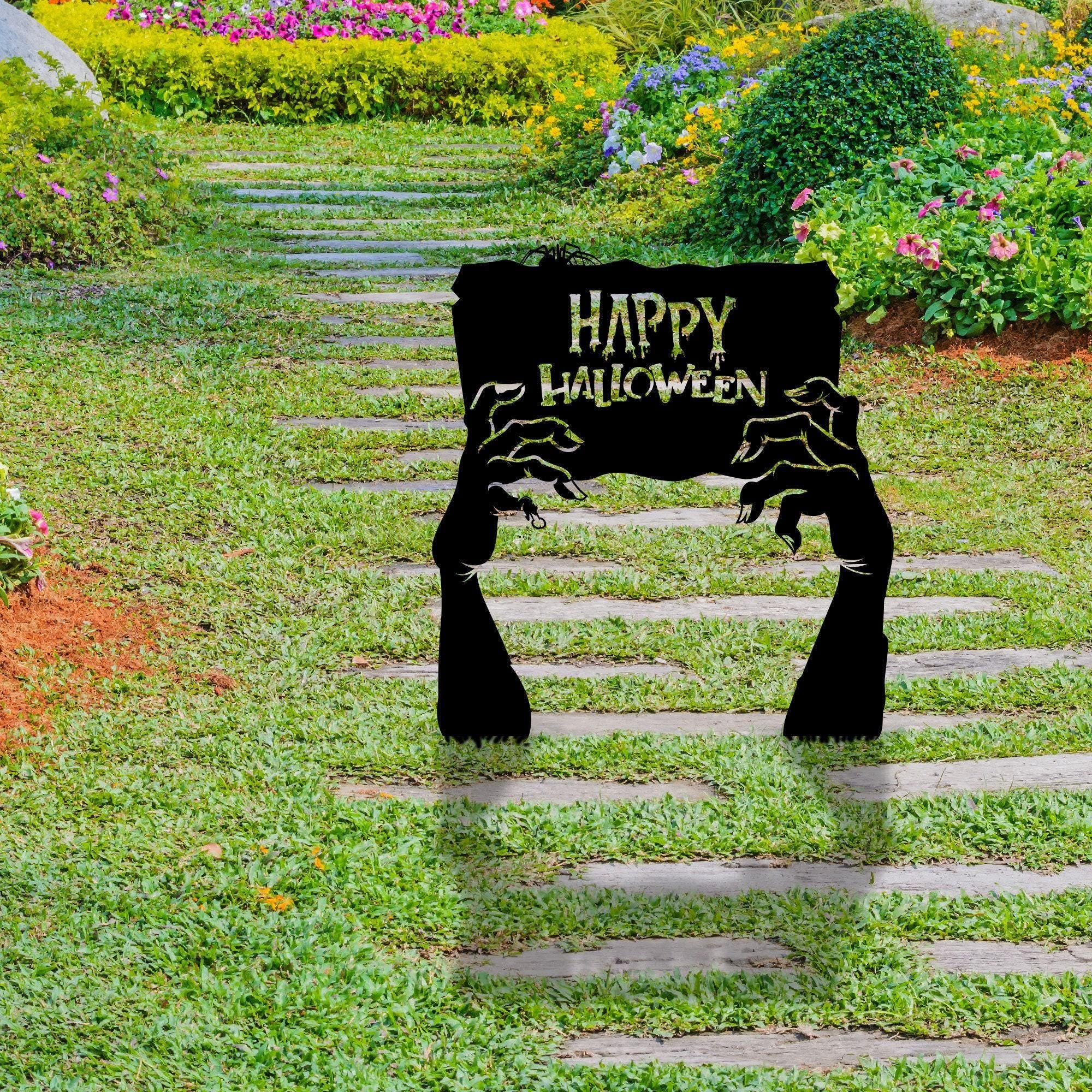 Metal Happy Halloween Garden Sign, Zombie Hands Decor, Cemetery Halloween Garden Stakes, Grave Yard Art, Outdoor Sign, Metal Halloween Gift