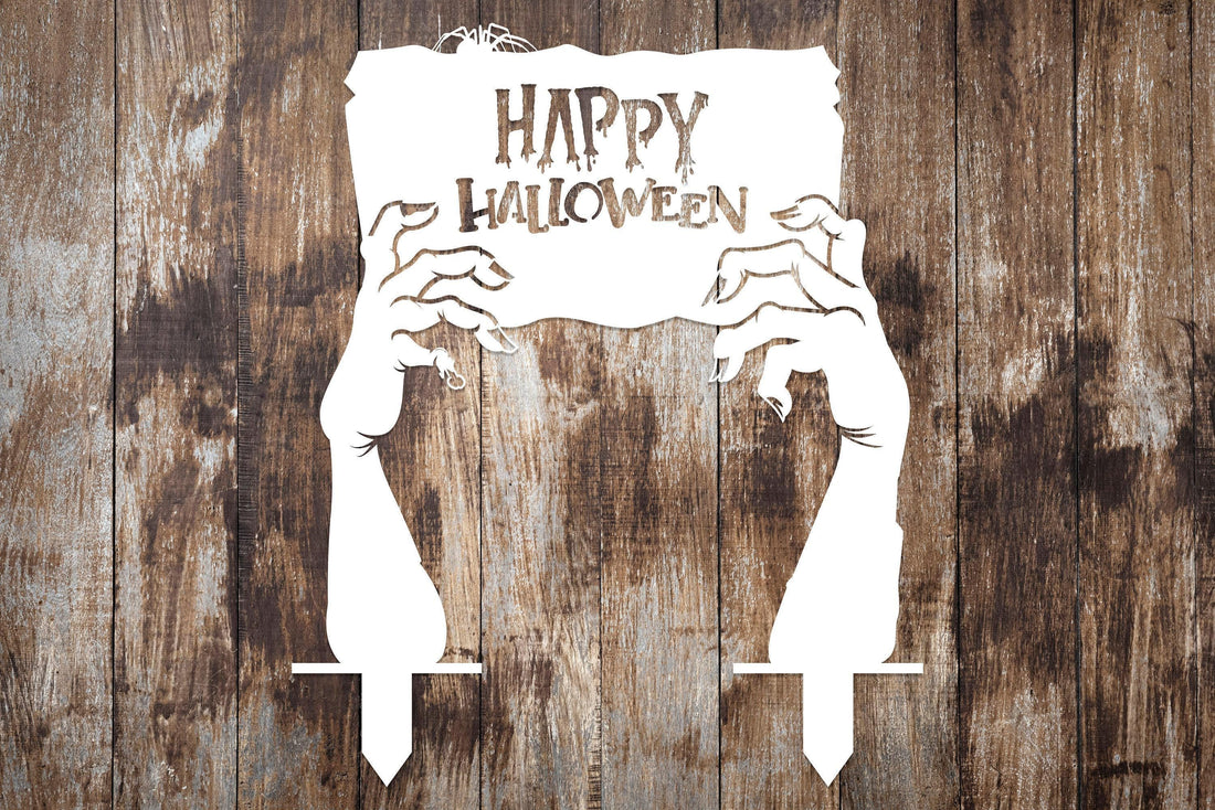 Metal Happy Halloween Garden Sign, Zombie Hands Decor, Cemetery Halloween Garden Stakes, Grave Yard Art, Outdoor Sign, Metal Halloween Gift