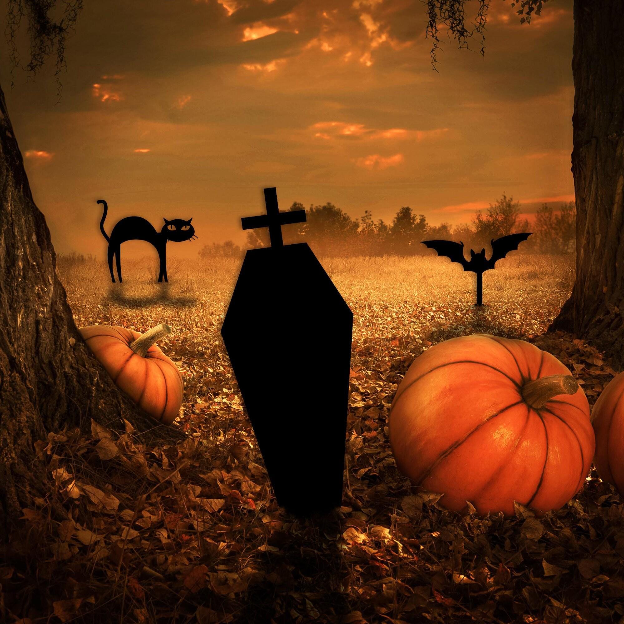 Metal Garden Halloween Sign with Stakes, Halloween Party Decor, Garden Fall Decor, Outdoor Decor, Pumpkin, Tombstone, Cat and Bat Home Sign