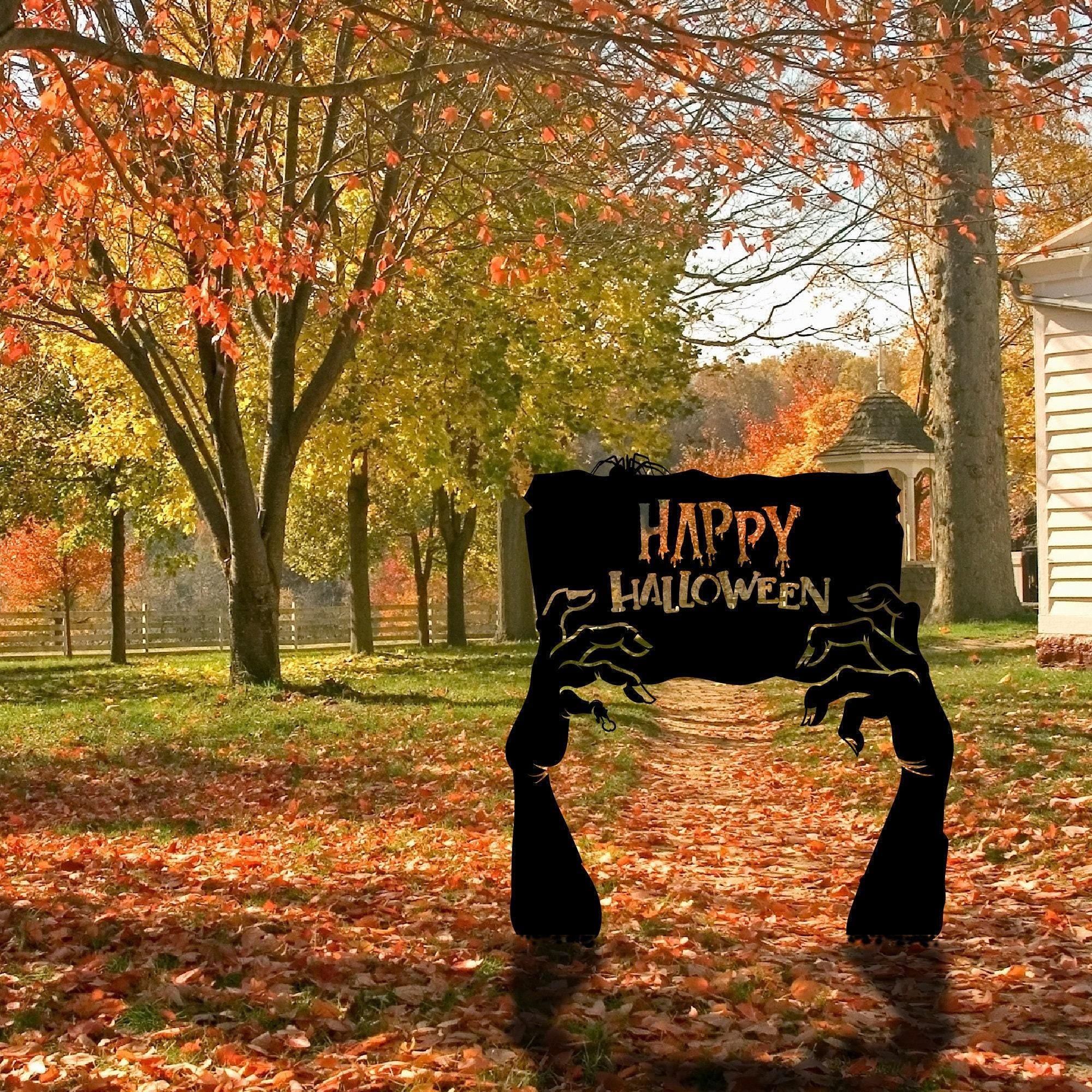 Metal Happy Halloween Garden Sign, Zombie Hands Decor, Cemetery Halloween Garden Stakes, Grave Yard Art, Outdoor Sign, Metal Halloween Gift