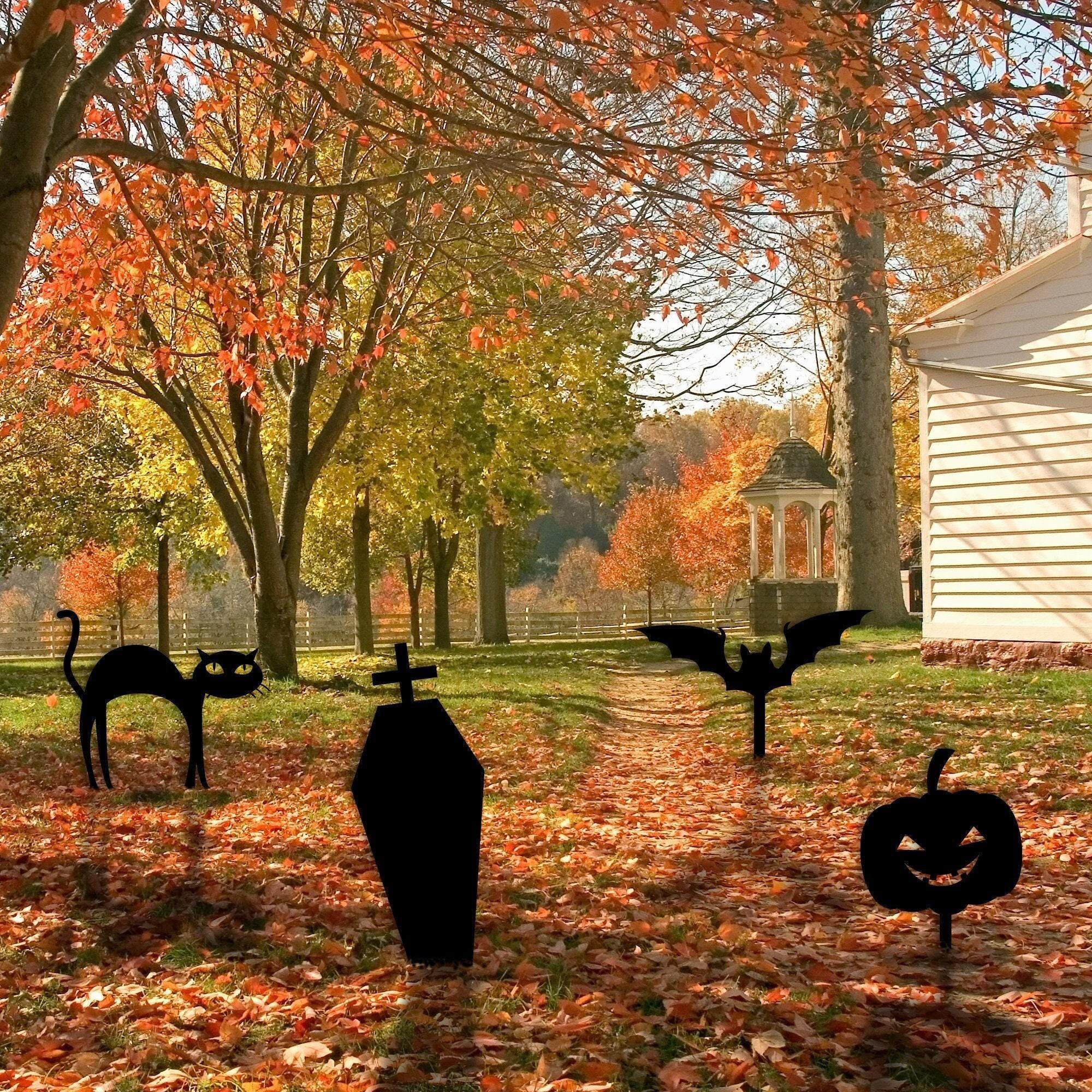 Metal Garden Halloween Sign with Stakes, Halloween Party Decor, Garden Fall Decor, Outdoor Decor, Pumpkin, Tombstone, Cat and Bat Home Sign