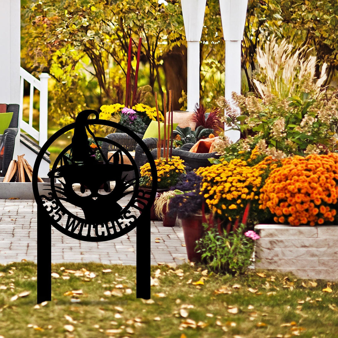 Personalized Black Cat Witch Metal Sign w Stake, Halloween Witch Cat Address Garden Sign, Custom Witch Hat Outdoor,House Number Garden Sign