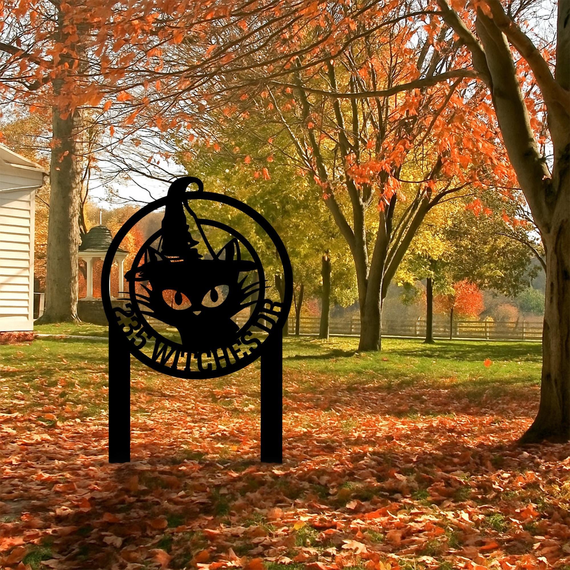 Personalized Black Cat Witch Metal Sign w Stake, Halloween Witch Cat Address Garden Sign, Custom Witch Hat Outdoor,House Number Garden Sign