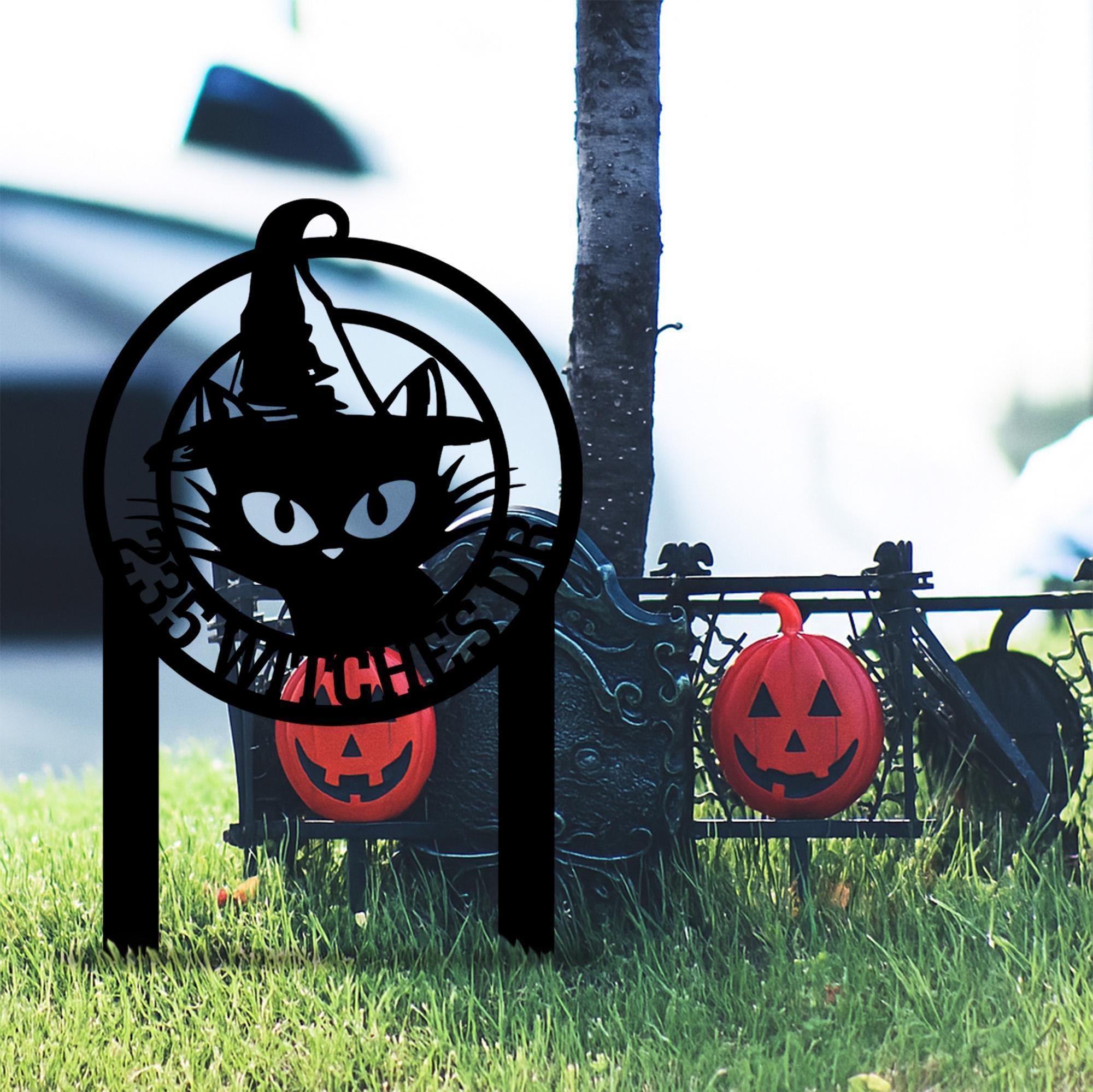 Personalized Black Cat Witch Metal Sign w Stake, Halloween Witch Cat Address Garden Sign, Custom Witch Hat Outdoor,House Number Garden Sign