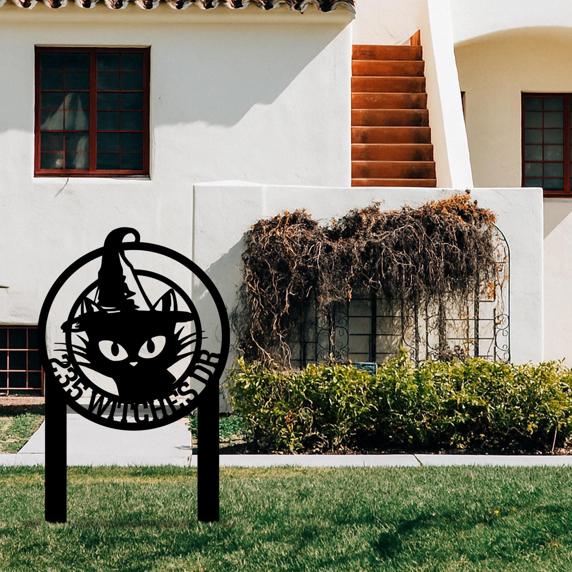 Personalized Black Cat Witch Metal Sign w Stake, Halloween Witch Cat Address Garden Sign, Custom Witch Hat Outdoor,House Number Garden Sign