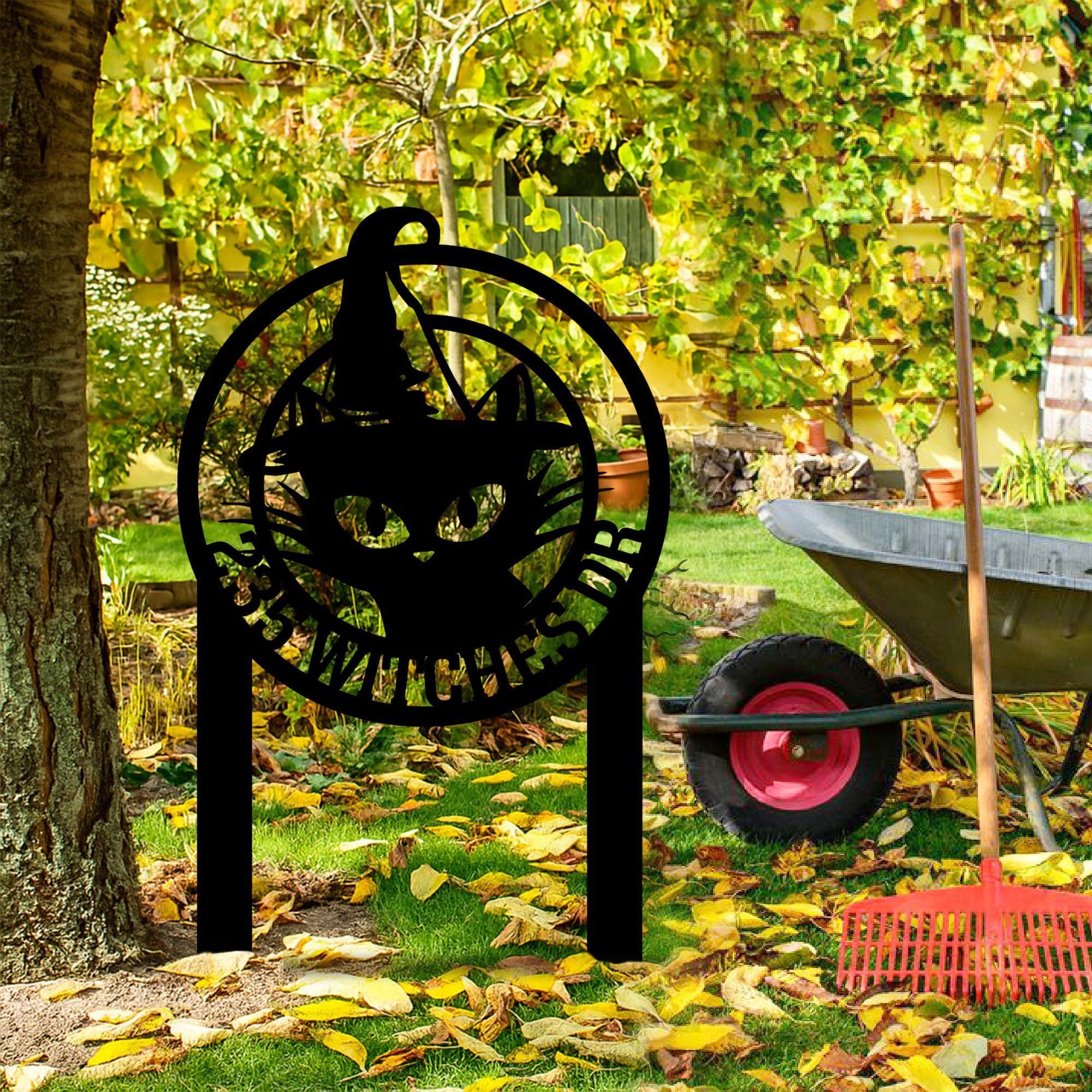 Personalized Black Cat Witch Metal Sign w Stake, Halloween Witch Cat Address Garden Sign, Custom Witch Hat Outdoor,House Number Garden Sign