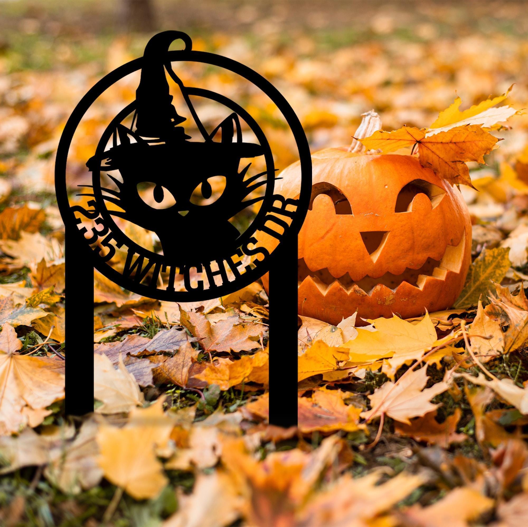 Personalized Black Cat Witch Metal Sign w Stake, Halloween Witch Cat Address Garden Sign, Custom Witch Hat Outdoor,House Number Garden Sign