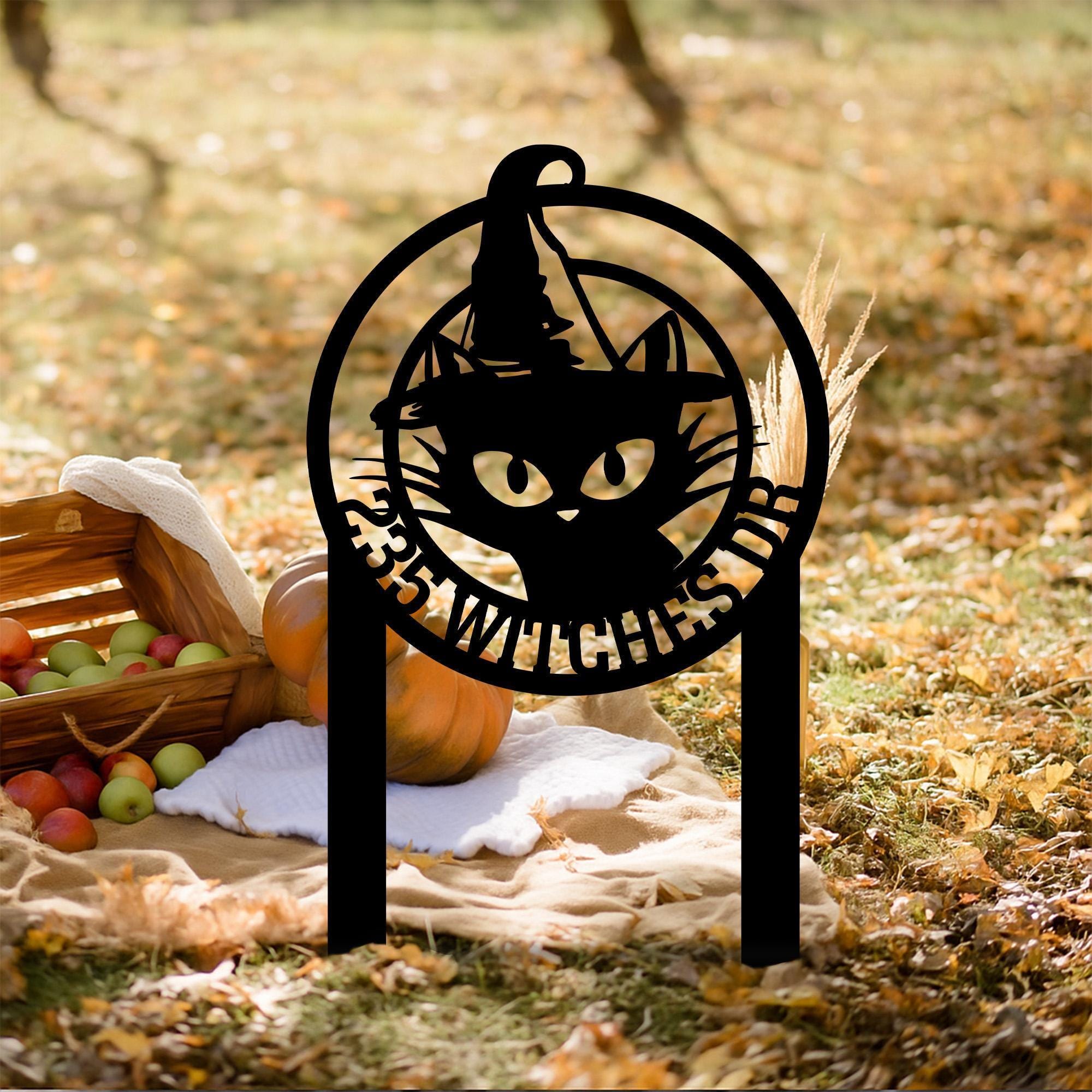 Personalized Black Cat Witch Metal Sign w Stake, Halloween Witch Cat Address Garden Sign, Custom Witch Hat Outdoor,House Number Garden Sign