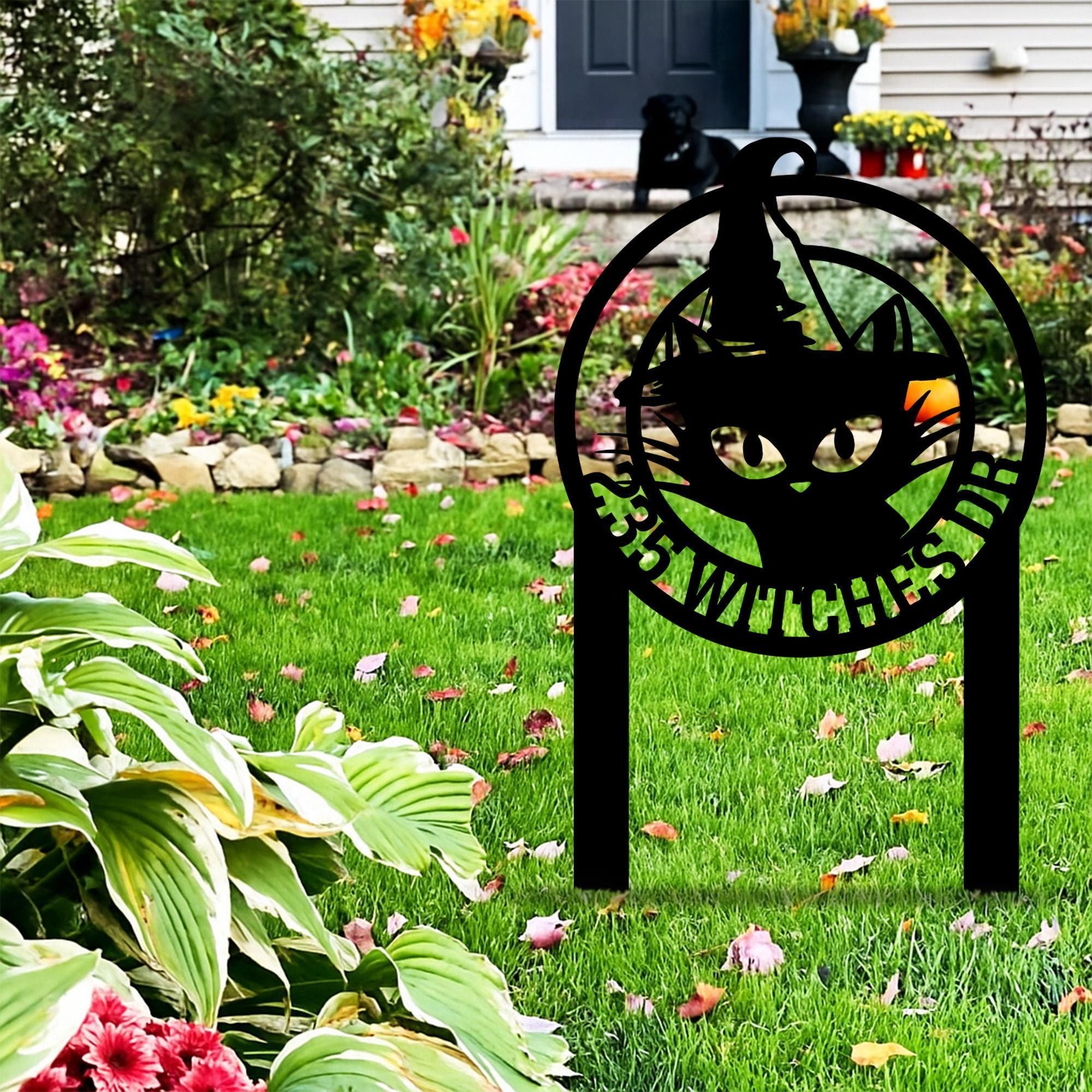 Personalized Black Cat Witch Metal Sign w Stake, Halloween Witch Cat Address Garden Sign, Custom Witch Hat Outdoor,House Number Garden Sign
