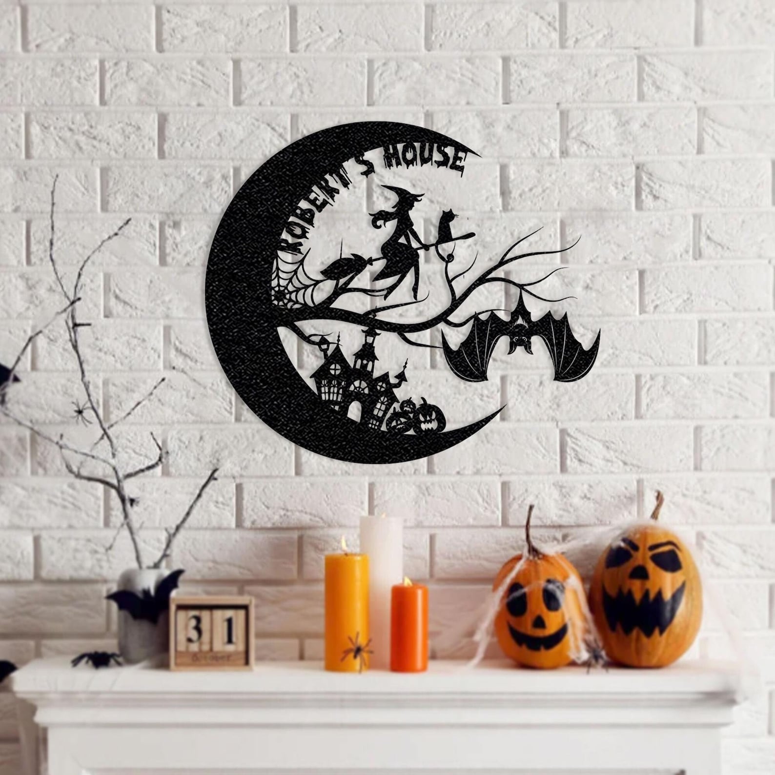 Personalized Witch on Broomstick Metal Wall Art Halloween Moon Decor