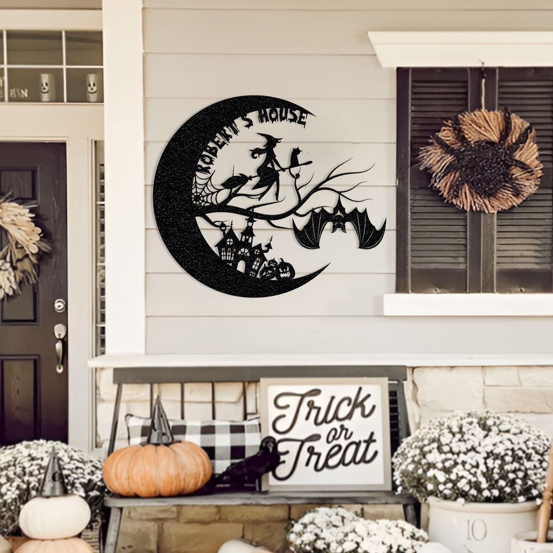 Personalized Witch on Broomstick Metal Wall Art Halloween Moon Decor