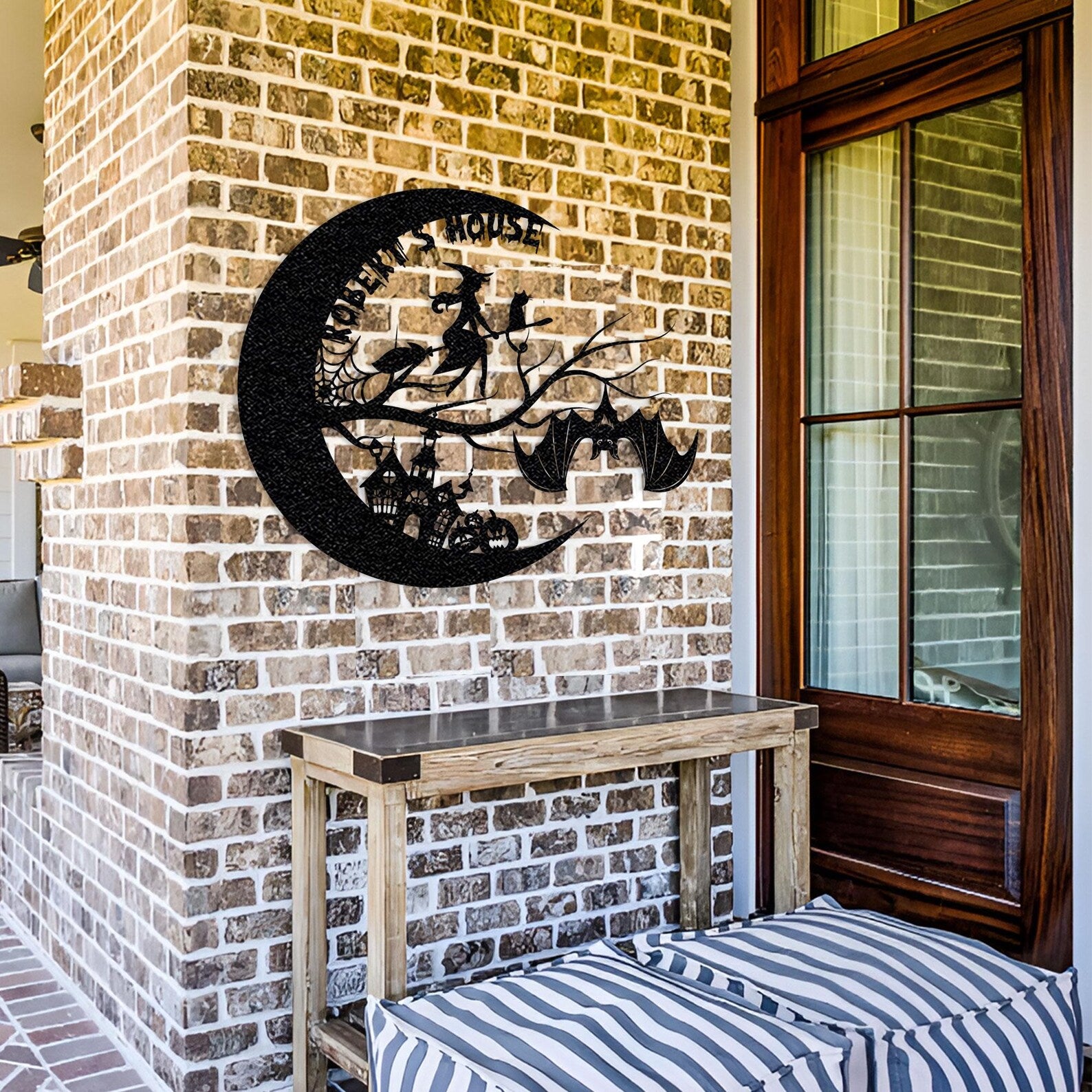 Personalized Witch on Broomstick Metal Wall Art Halloween Moon Decor
