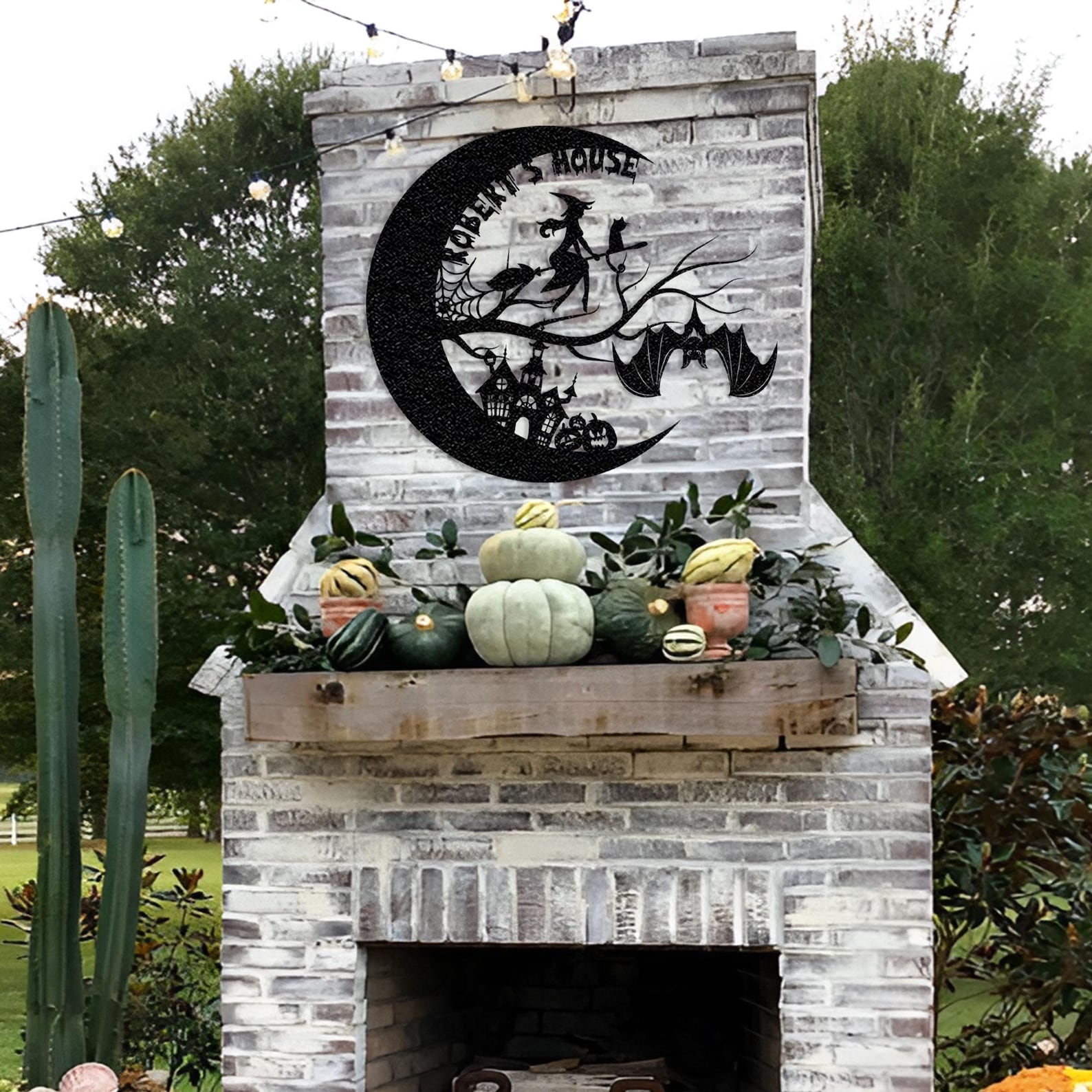 Personalized Witch on Broomstick Metal Wall Art Halloween Moon Decor
