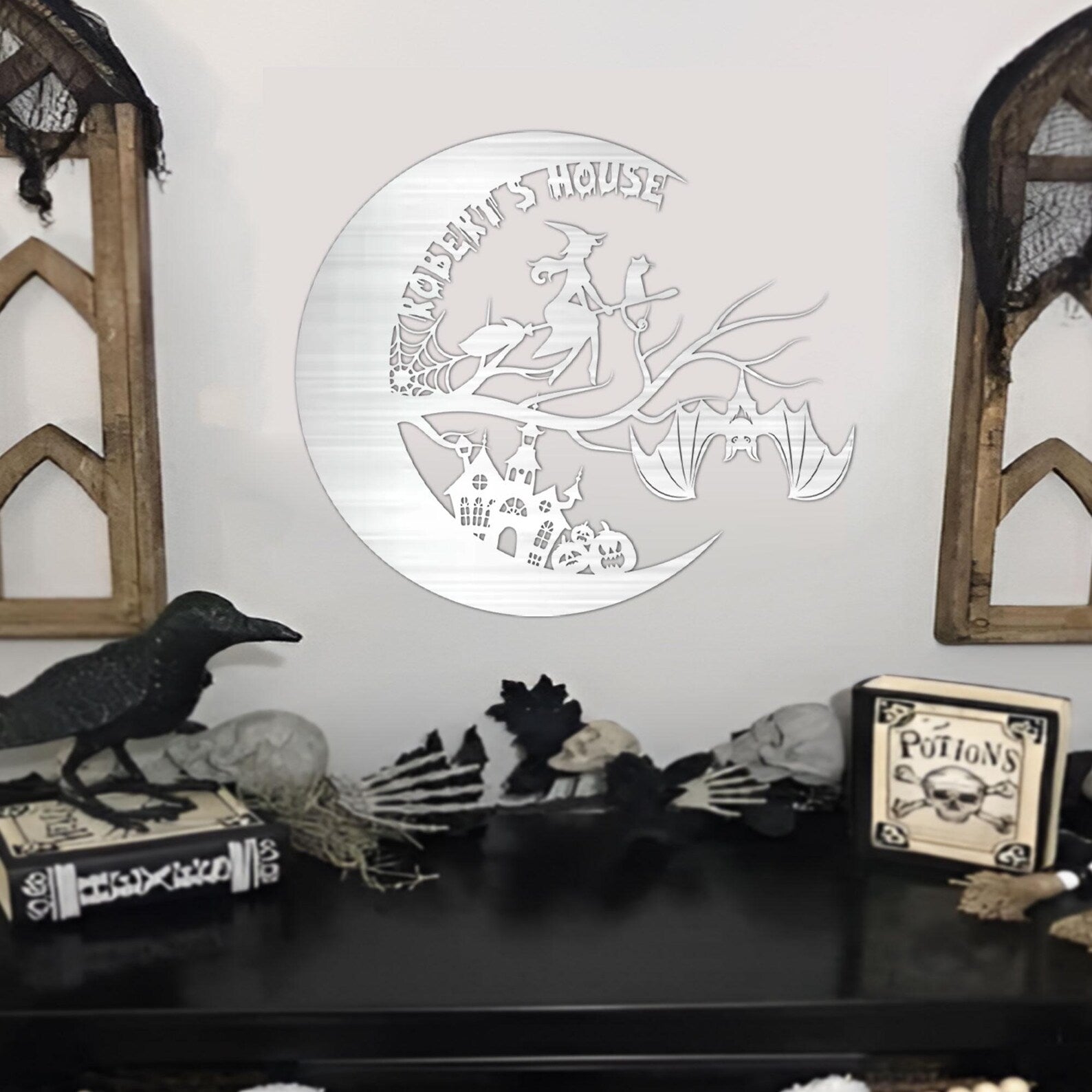 Personalized Witch on Broomstick Metal Wall Art Halloween Moon Decor