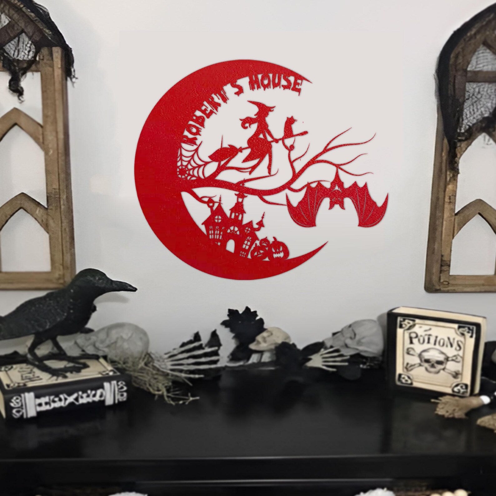 Personalized Witch on Broomstick Metal Wall Art Halloween Moon Decor