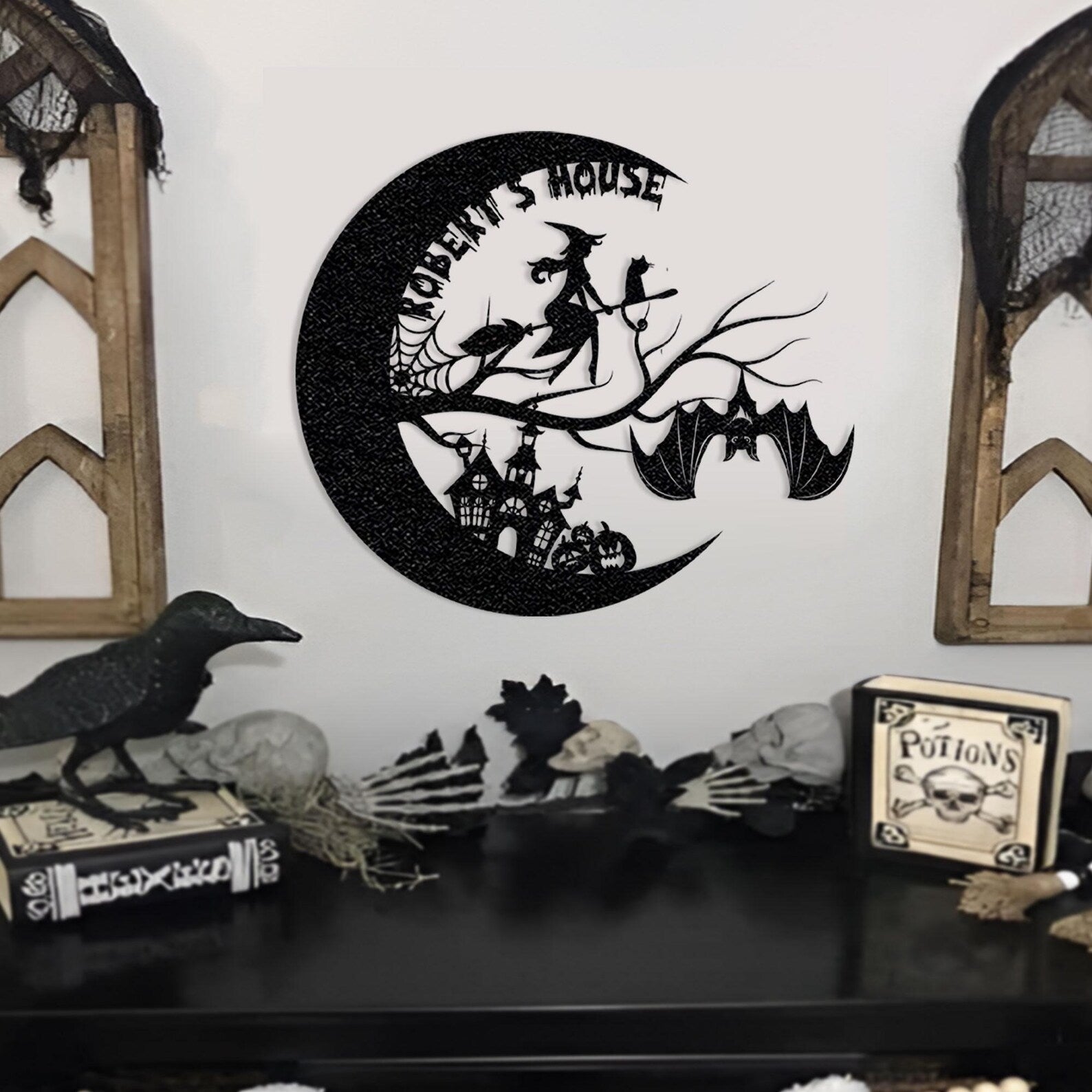 Personalized Witch on Broomstick Metal Wall Art Halloween Moon Decor